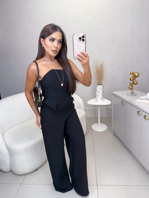 Conjunto alfaiataria marrant calça e cropped com frontal com fenda - preto