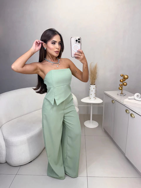 Conjunto alfaiataria marrant calça e cropped com frontal com fenda - verde água