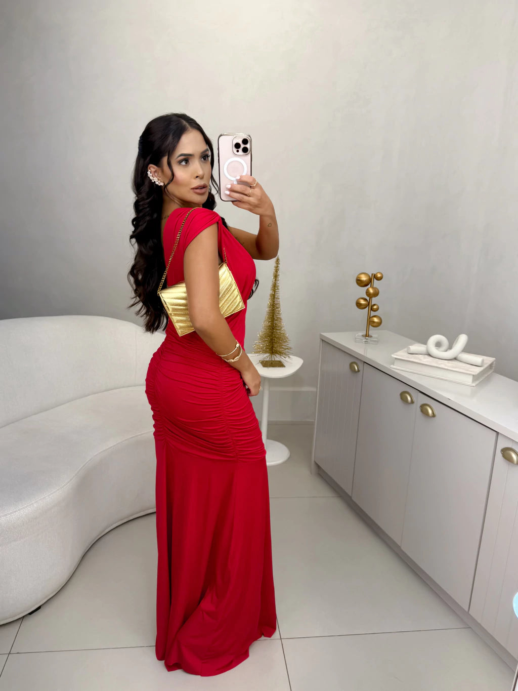 Vestido ivy longo franzido com decote em poliamida - vermelho