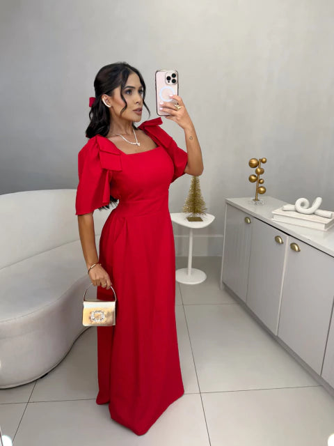 Vestido gabriela de manguinha com laço nos ombros - vermelho