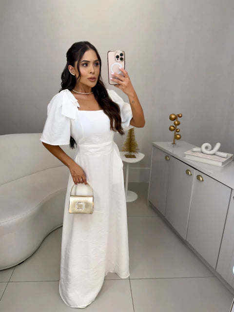 Vestido gabriela de manguinha com laço nos ombros - off white