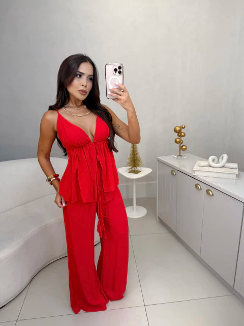 Conjunto de linho de calça e blusa amarração frontal - vermelho