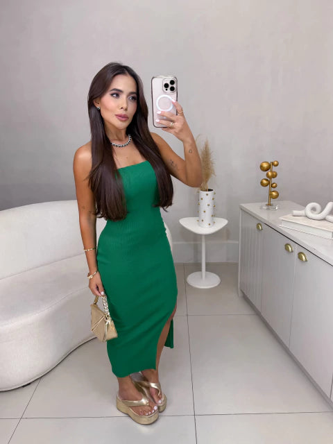 Vestido canelado tomara que caia com fenda lateral - verde