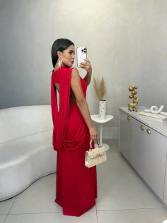 Vestido cléa longo em poliamida com caimento nas costas - vermelho