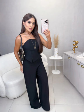 Conjunto alfaiataria marrant calça e cropped com frontal com fenda - preto