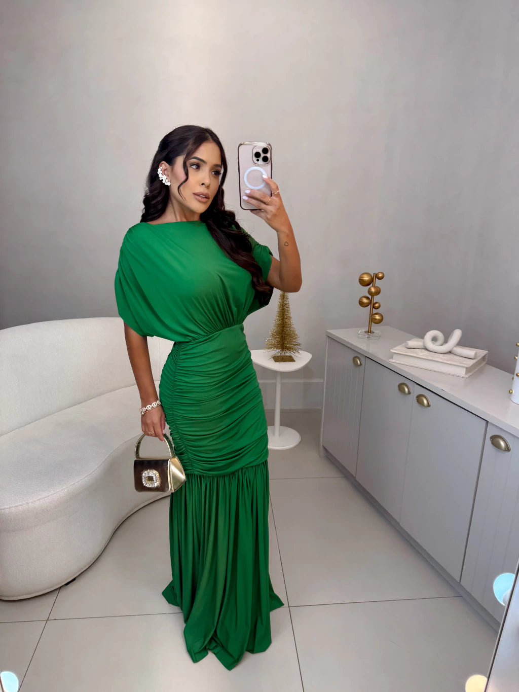Vestido ana longo com ombro franzido em poliamida premium - verde