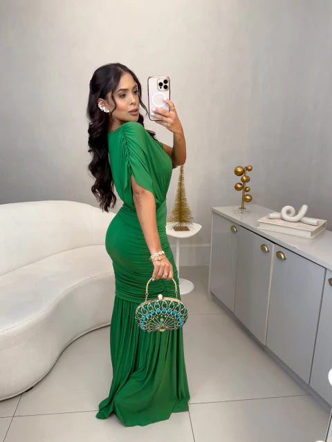 Vestido ana longo com ombro franzido em poliamida premium - verde