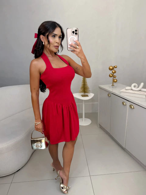 Vestido princesa curto frente única em tricot premium - vermelho