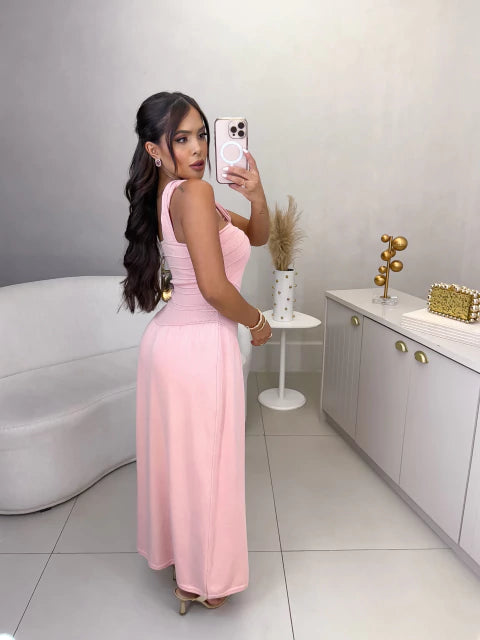 Vestido princesa com alça torcida em Tricot premium - rosa