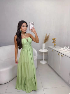 Vestido longo com amarração no pescoço e decote frontal - verde