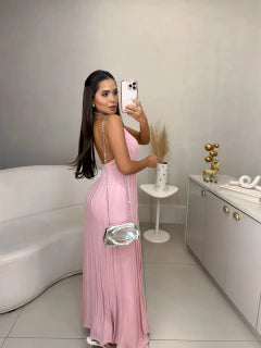 Vestido liz tricot premium com amarração no pescoço - rosa